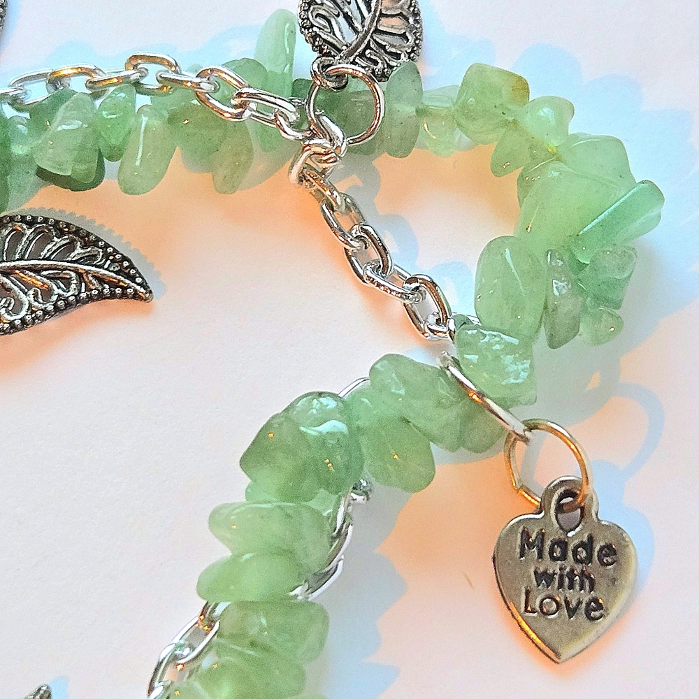 🦋 Natural Aventurine Uncut Smooth Chip Bead Necklace w Leaf Dangles, Handmade - Picture 4 of 5